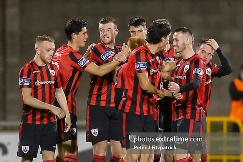 Longford Town celebrating scoring in their 2-1 First Division win in Tallaght in 2020