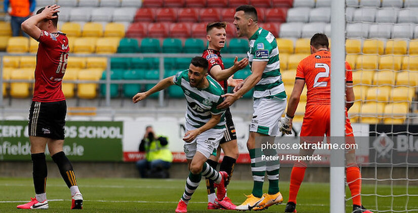 Danny Lafferty and Aaron Greene celebrating Lafferty's goal against Bohs in Tallaght in 2020