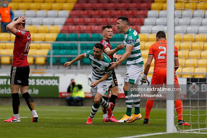 Danny Lafferty and Aaron Greene celebrating Lafferty's goal against Bohs in Tallaght in 2020