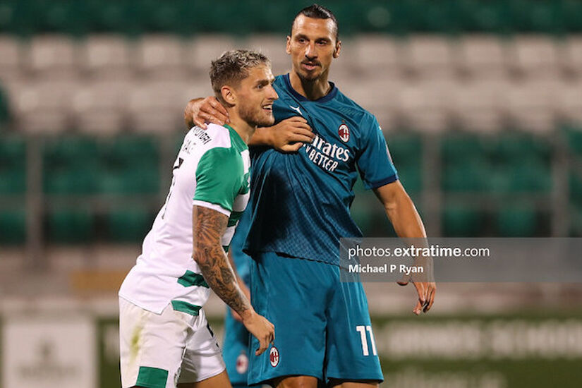 Lee Grace battles with Zlatan Ibrahimovic during Rovers' Europa League qualifier in 2020