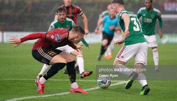 Cork's Cian Bargary takes on Bohemians Dan Casey during their Premier Division clash in 2020.