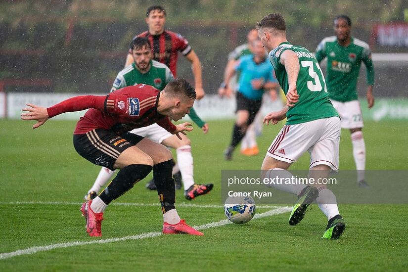 Cork's Cian Bargary takes on Bohemians Dan Casey during their Premier Division clash in 2020.