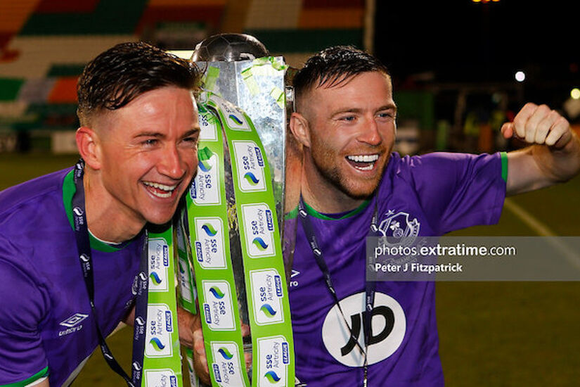 Ronan Finn and Jack Byrne lifting the league trophy in Tallaght last season