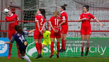 Shelbourne players jump to stop a free-kick during their 5-0 win over Galway at Tolka Park on November 7th, 2020.