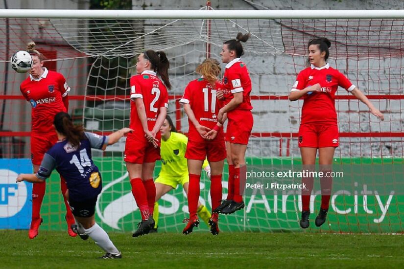 Shelbourne players jump to stop a free-kick during their 5-0 win over Galway at Tolka Park on November 7th, 2020.