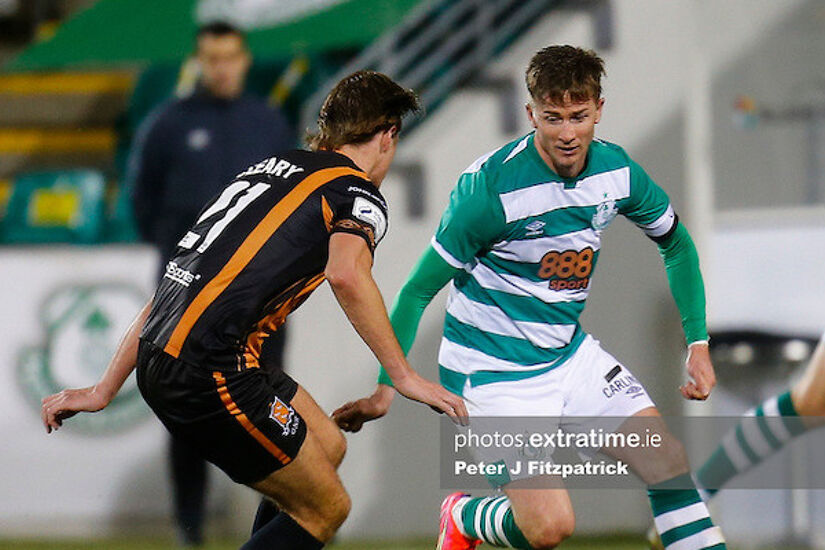  Ronan Finn of Shamrock Rovers in action against Daniel Cleary of Dundalk