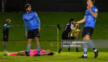 Adam Wixted of Athlone Town, runs away after scoring a late equalizer with stunned UCD players wathcing on, during the UCD v Athlone Town, Eirtricity 1st Division match at UCD Bowl , Dublin.