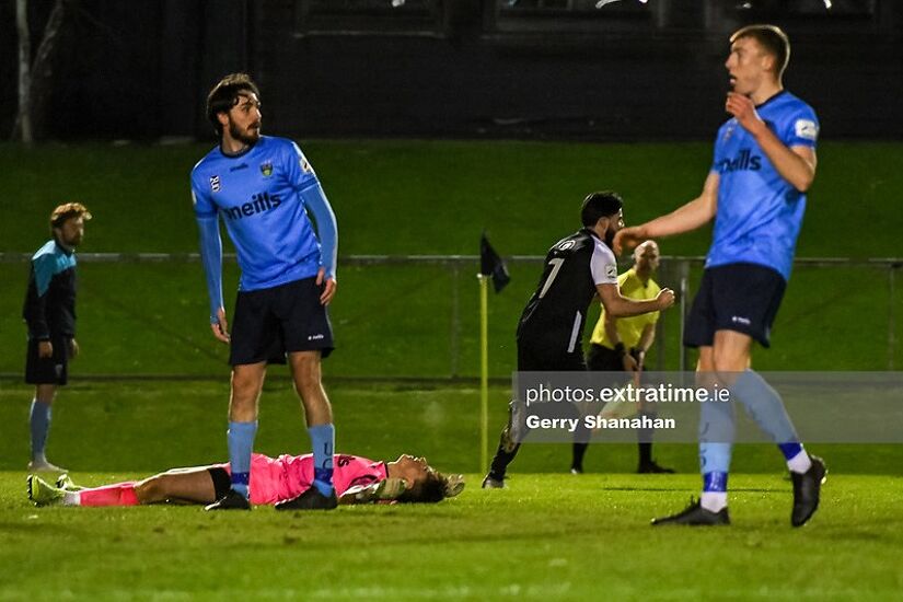 Adam Wixted of Athlone Town, runs away after scoring a late equalizer with stunned UCD players wathcing on, during the UCD v Athlone Town, Eirtricity 1st Division match at UCD Bowl , Dublin.