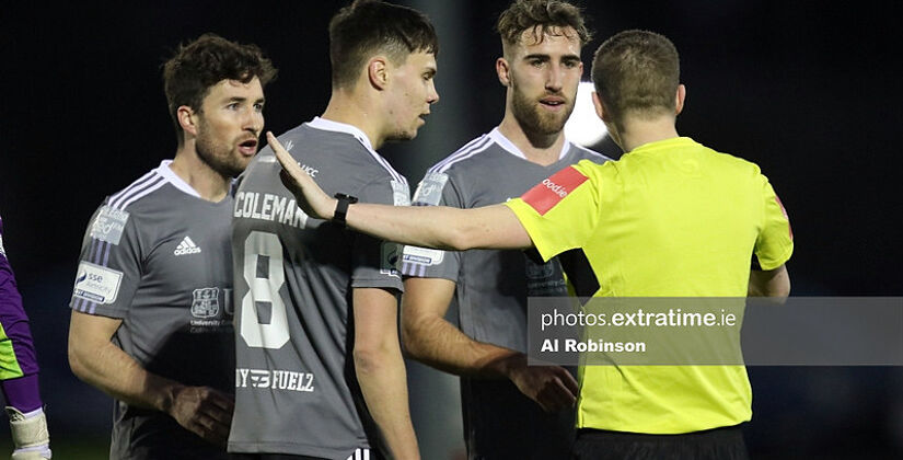 Gearoid Morrissey, Cian Coleman and George Heaven of Cork City appeal a decision last weekend against Cabinteely.