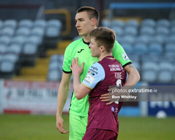 Sean Boyd of Finn Harps embraces Conor Kane of Drogheda United during the 1-1 Premier Division draw at United Park on April 3, 2021.