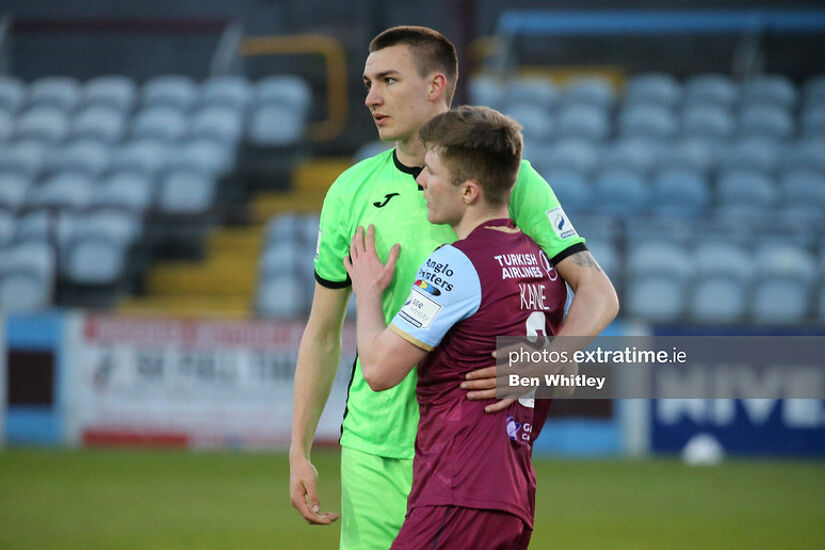 Sean Boyd of Finn Harps embraces Conor Kane of Drogheda United during the 1-1 Premier Division draw at United Park on April 3, 2021.