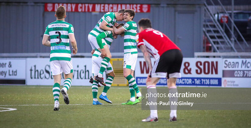 Shamrock Rovers players celebrate Graham Burke's goal from the half-way line during their last visit to Derry