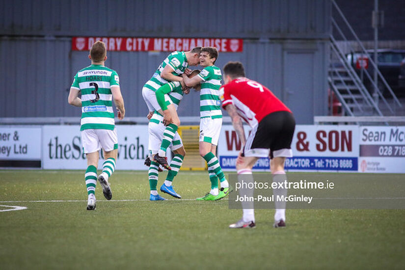 Shamrock Rovers players celebrate Graham Burke's goal from the half-way line during their last visit to Derry