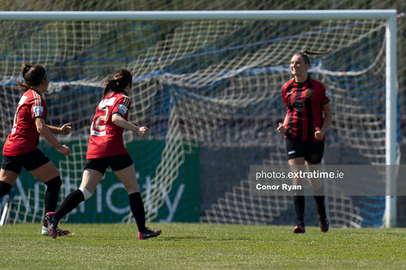 Chloe Darby celebrates scoring the equaliser from the penalty spot in a 3-3 draw with Cork City on Saturday, 17 April 2021.