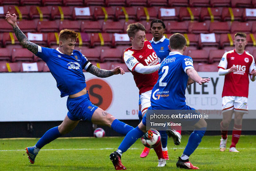 Kyle Ferguson of Waterford blocks a shot from Chris Forrester of St Patrick's Athletic during the SSE Airtricity League Premier Division match between St Patrick's Athletic and Waterford at Richmond Park in April 2021