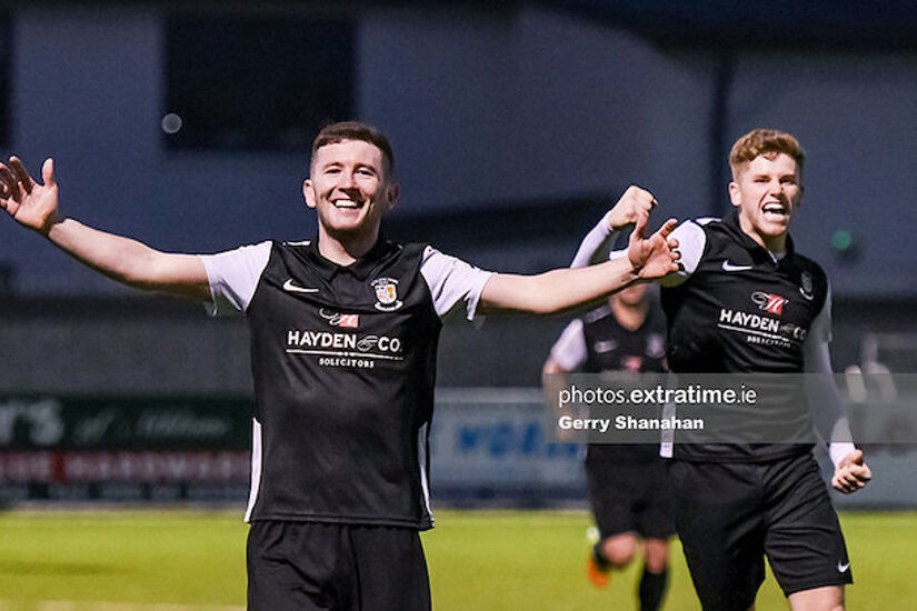 James Doona (left) celebrating scoring for Athlone Town against Wexford in last April's 3-0 win
