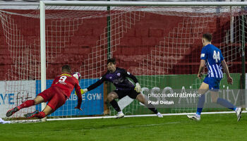 Shels' Michael O'Connor with a diving header in the 2-2 draw with Treaty United in Tolka Park earlier this season