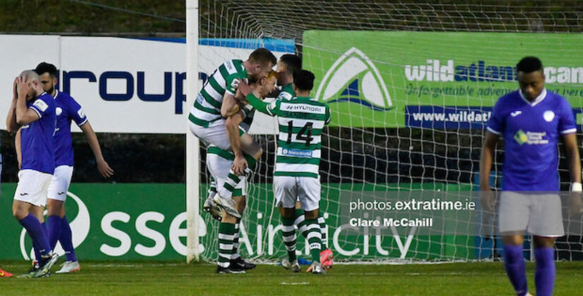Celebration for Shamrock Rovers after Rory Gaffney scores against Harps in April
