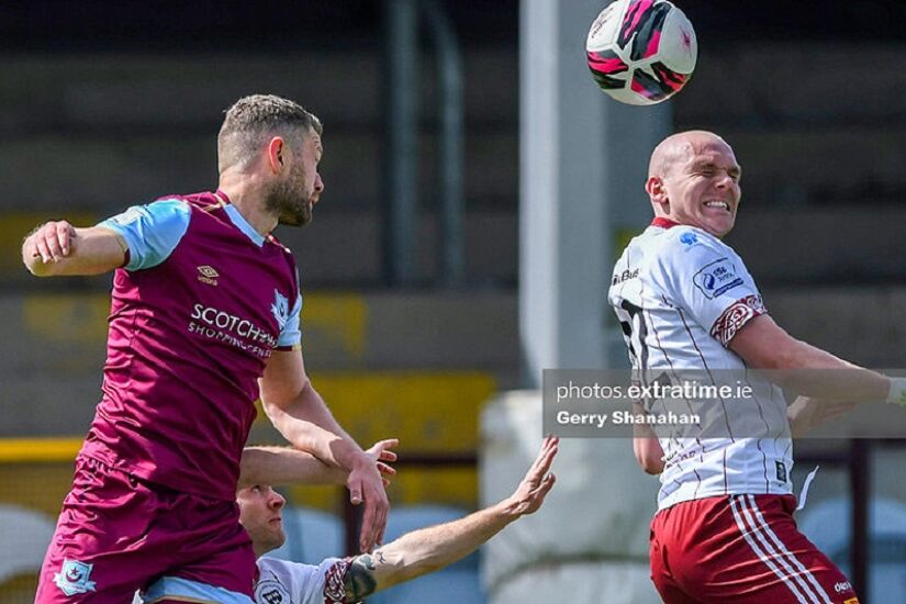 Georgie Kelly of Bohemians wins a header withDane Massey of Drogheda United during the sides' 1-1 draw at Head in the Game Park on May 3rd, 2021.