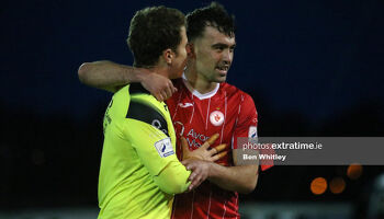 John Mahon of Sligo Rovers and Edward McGinty of Sligo Rovers celebrate after the SSE Airtricity League Premier Division match between Dundalk and Sligo Rovers at Oriel Park, Dundalk, on 7 May 2021.