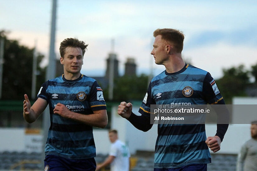Gary Shaw (right) celebrating his goal with Joe Doyle against Cabinteely in May