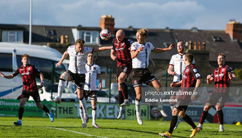 Georgie Kelly heads the ball in Bohs' 5-1 win over Dundalk last May