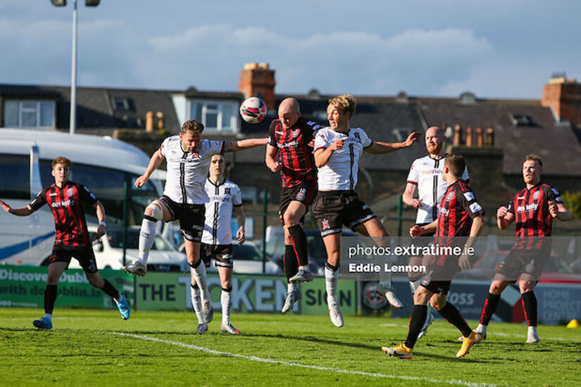 Georgie Kelly heads the ball in Bohs' 5-1 win over Dundalk last May