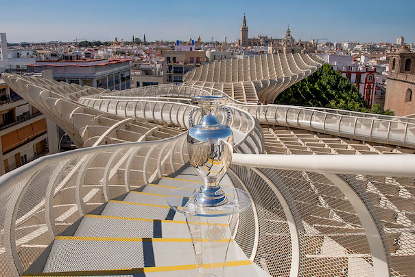 The European Championship trophy on the Metropol Parasol in Seville