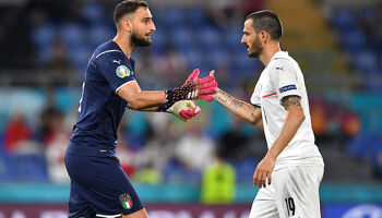 Gianluigi Donnarumma and Leonardo Bonucci of Italy celebrates their side's victory against Turkey in the opening Euro 2020 game