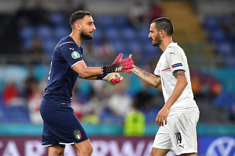 Gianluigi Donnarumma and Leonardo Bonucci of Italy celebrates their side's victory against Turkey in the opening Euro 2020 game