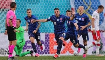 Robert Mak of Slovakia celebrates their side's first goal against Poland