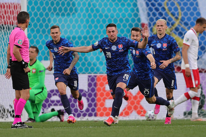 Robert Mak of Slovakia celebrates their side's first goal against Poland