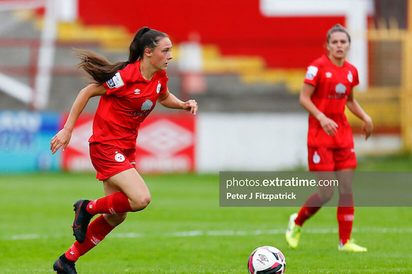 Jess Ziu (left) on the ball for Shels against Athlone Town in June