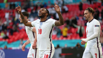 Raheem Sterling of England celebrates after scoring their team's first goal during the UEFA Euro 2020 Championship Group D match between Czech Republic and England at Wembley Stadium on June 22, 2021 in London, England