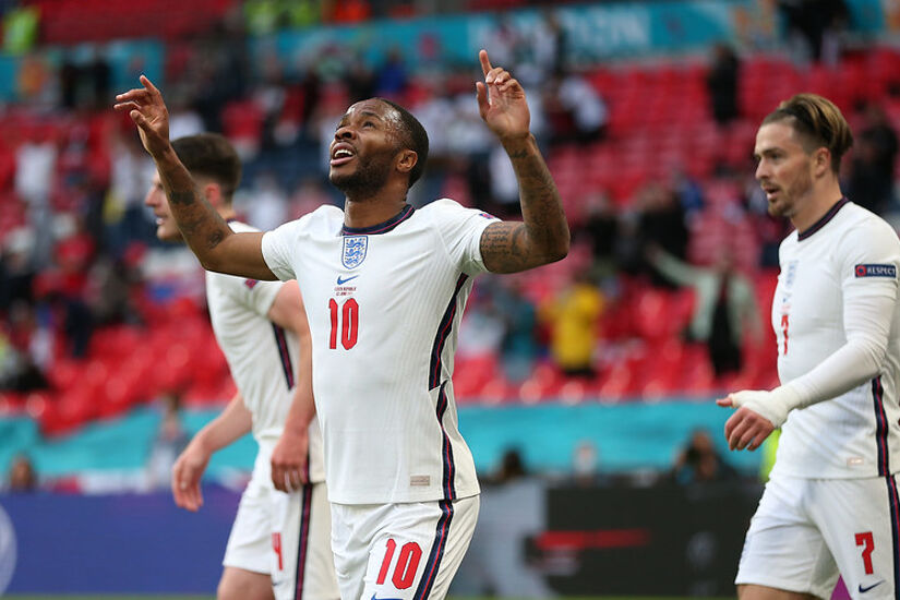 Raheem Sterling of England celebrates after scoring their team's first goal during the UEFA Euro 2020 Championship Group D match between Czech Republic and England at Wembley Stadium on June 22, 2021 in London, England