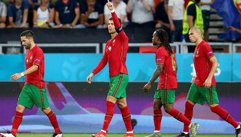 Cristiano Ronaldo of Portugal celebrates after scoring their side's second goal from the penalty spot during the UEFA Euro 2020 Championship Group F match against France