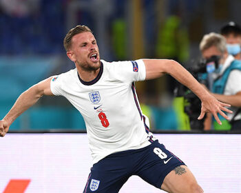 Jordan Henderson of England celebrates after scoring their side's fourth goal during the UEFA Euro 2020 Championship quarter-final match between Ukraine and England at Olimpico Stadium in Rome.