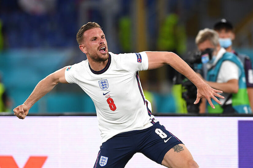 Jordan Henderson of England celebrates after scoring their side's fourth goal during the UEFA Euro 2020 Championship quarter-final match between Ukraine and England at Olimpico Stadium in Rome.