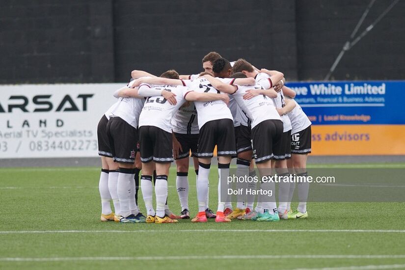 Dundalk huddle before their Conference League victory over Newtown.
