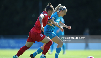 Avril Brierly holds off the challenge of Shelbourne's Pearl Slattery when the side met in the WNL on Saturday, 17 July 2021.