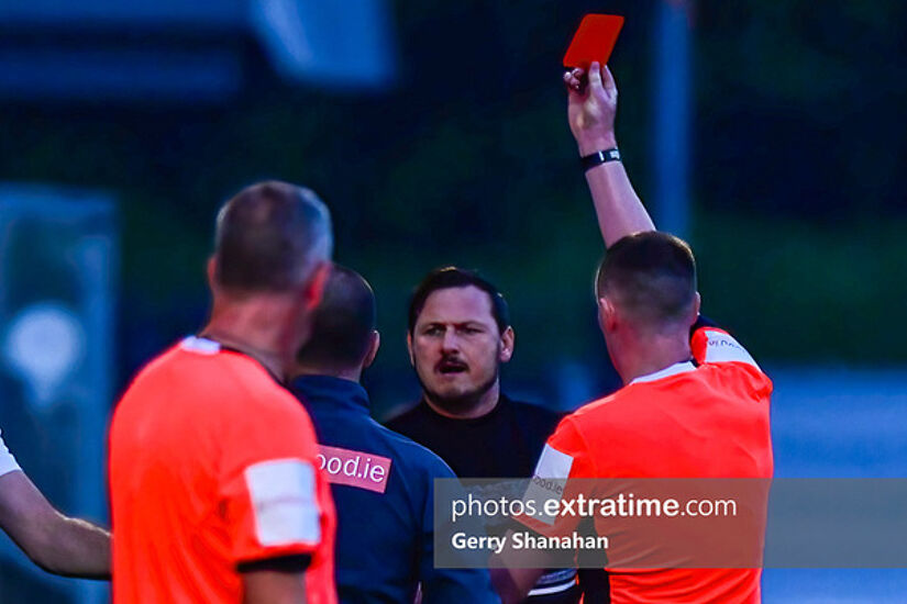 Marc Bircham receiving a red card during FAI Cup game against Athlone Town
