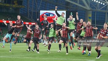 Bohs players celebrate their victory over Dudelange.