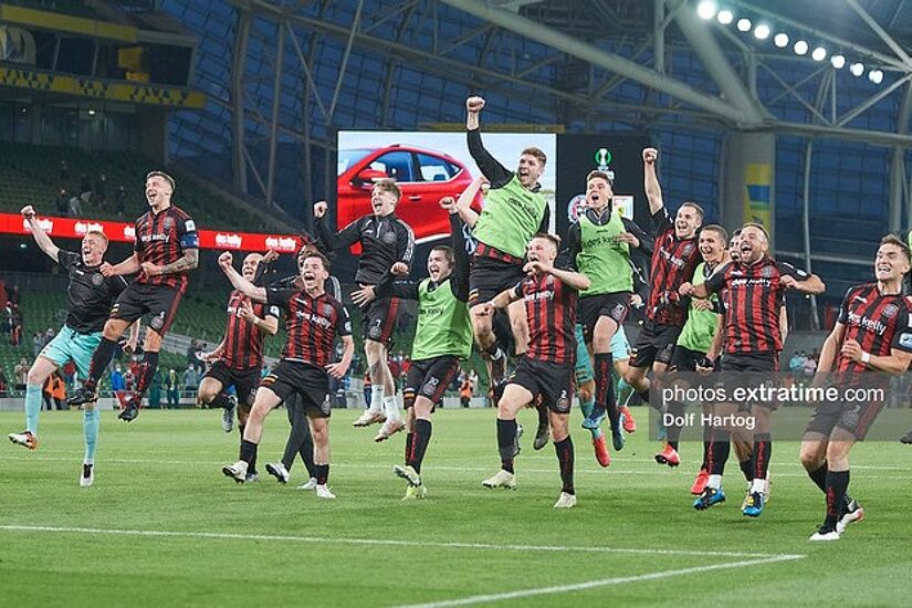 Bohs players celebrate their victory over Dudelange.