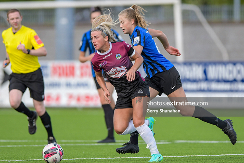 Emmily Corbet, of Athlone Town and Galway WFC's Savannah McCarthy, in action, during the Athlone Town v Galway WFC WNL match at Athlone Town Stadium, Athlone on Saturday, 3 August 2021.