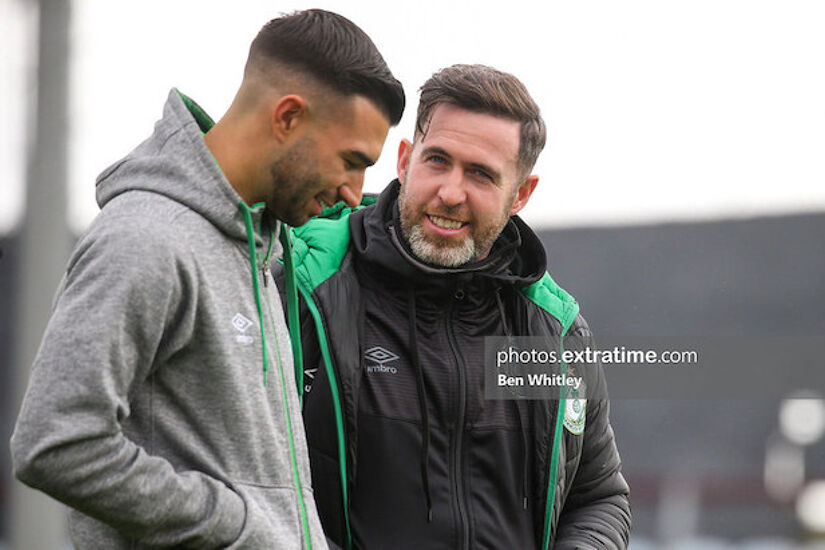 Stephen Bradley speaking with Danny Mandroiu who scored twice in Rovers' 3-0 friendly win over Galway Utd on Saturday