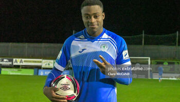  Tunde Owolabi with match ball after his hattrick for Harps
