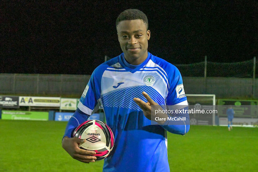  Tunde Owolabi with match ball after his hattrick for Harps