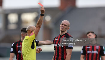 Georgie Kelly of Bohemian FC is shown red card by referee Neil Doyle