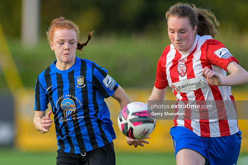 Fiona Owens, of Athlone Town WFC and Gillian Keenan, of Treaty United, challenge for possession, during the Athlone Town v Treaty United WFC WNL match at Athlone Town Stadium, Athlone on Saturday, 18 August 2021.