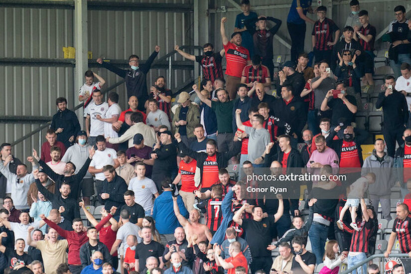 Bohemians supporters celebrate during their recent Dublin Derby win over Shamrock Rovers in Dalymount Park